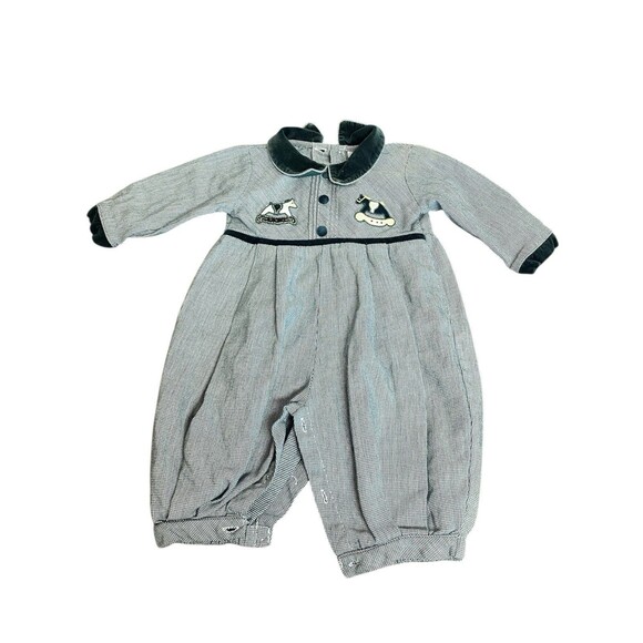 Vintage Fried Knit Creations Green Rocking Horse Long Sleeve Bubble Romper Sz 3m - Picture 1 of 2